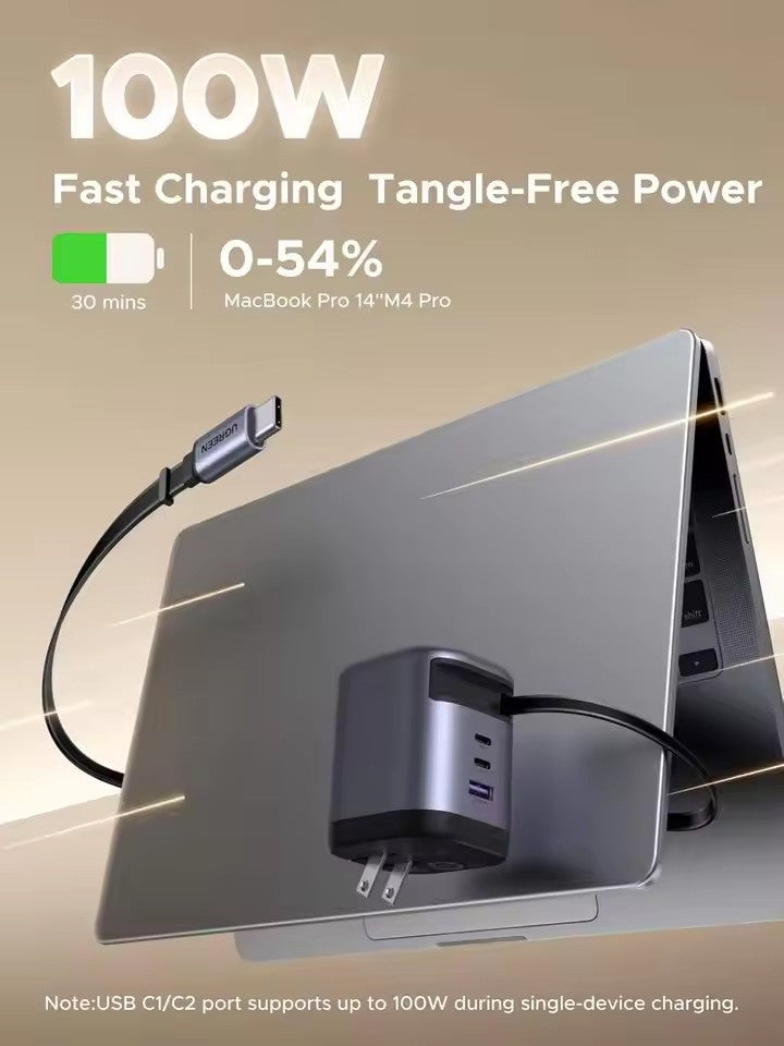 UGREEN Nexode 100W GaN — Cable Retráctil Integrado 3 puertos