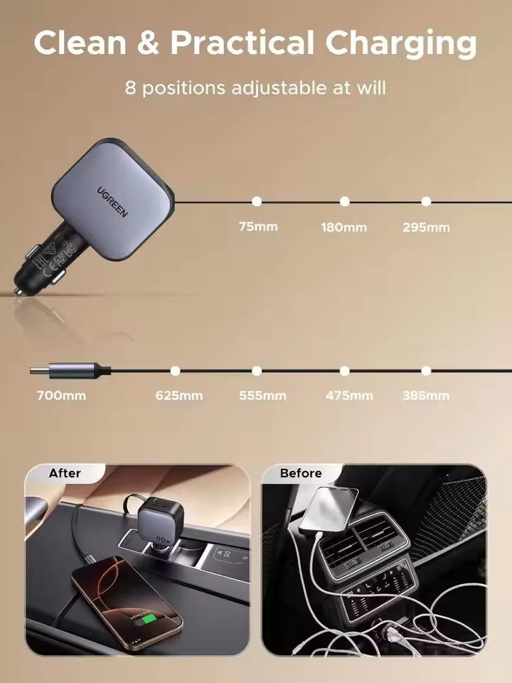 UGREEN Cargador Auto 90W 3-en-1 — USB-C Retráctil