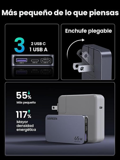 UGREEN Nexode Pro 65W GaN Plano — 3 puertos ultrafino