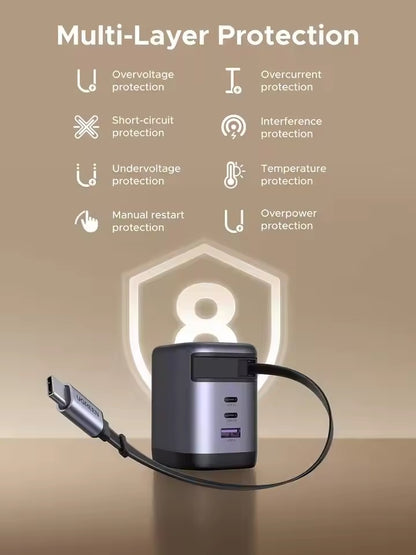 UGREEN Nexode 100W GaN — Cable Retráctil Integrado 3 puertos