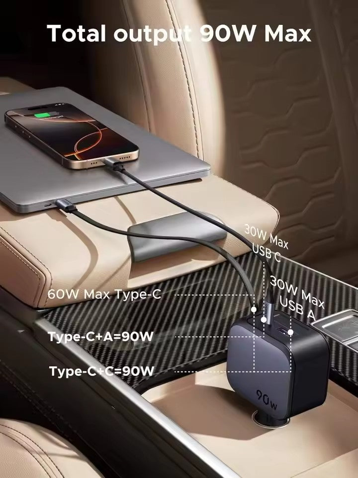 UGREEN Cargador Auto 90W 3-en-1 — USB-C Retráctil