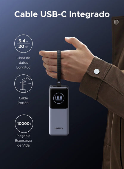 UGREEN BATERIA PORTATIL CON CABLE INCORPORADO DE 130W - 20,000MAH