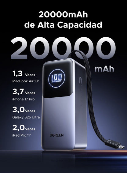 UGREEN BATERIA PORTATIL CON CABLE INCORPORADO DE 130W - 20,000MAH
