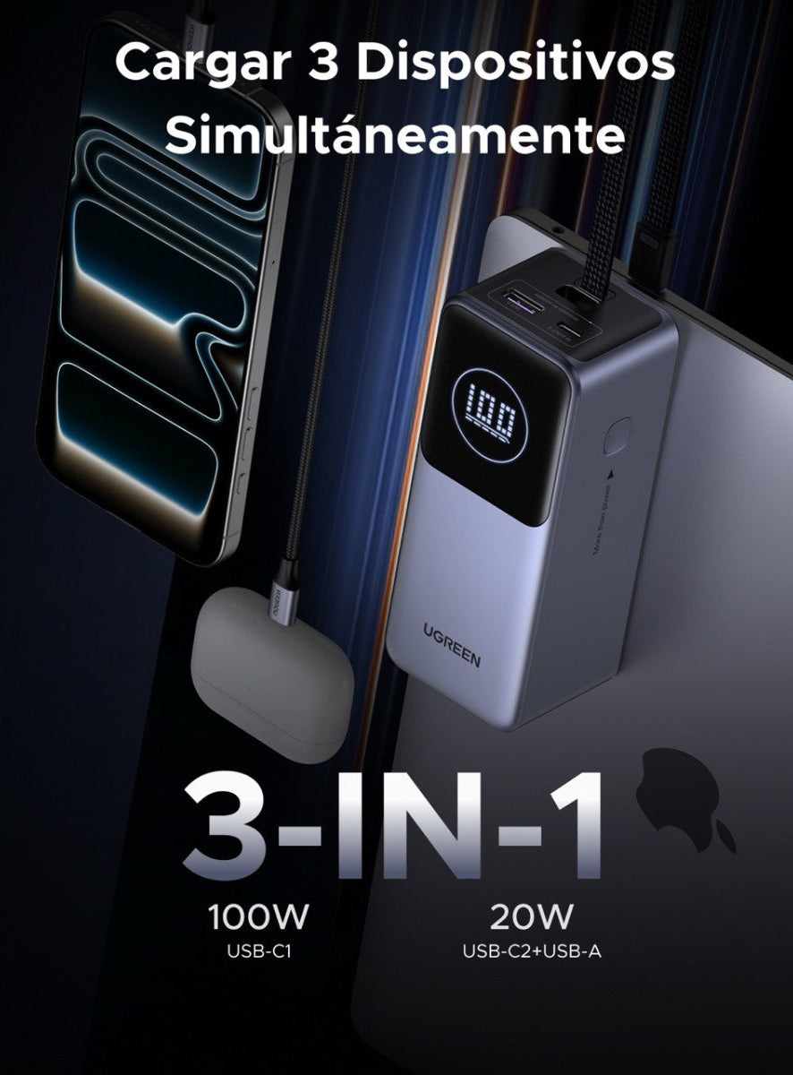 UGREEN BATERIA PORTATIL CON CABLE INCORPORADO DE 130W - 20,000MAH